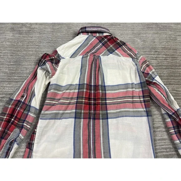 Arizona Top Womens Small Multicolor Plaid Metallic Snap Up Roll Tab Long Sleeve - Picture 8 of 12